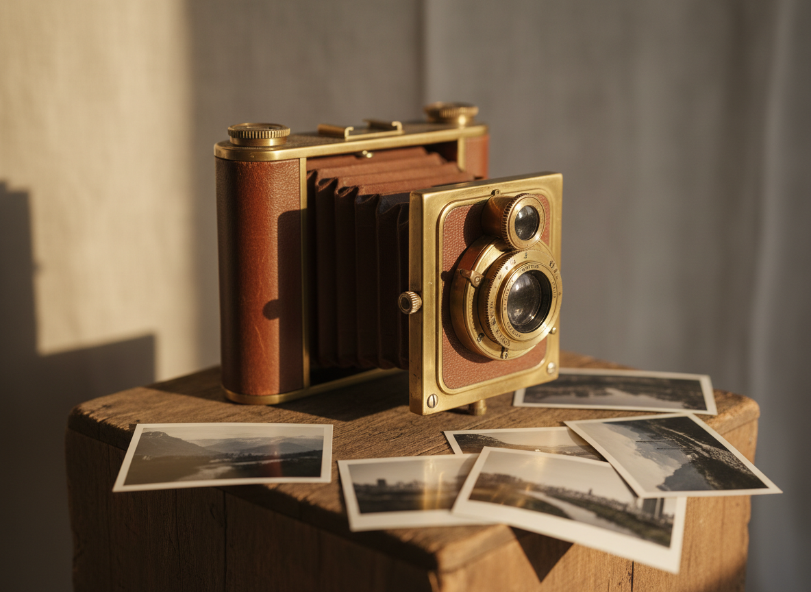 A vintage brass camera with intricate dials and a slightly worn leather bellows stands on a simple wooden plinth in front of a soft, textured backdrop. Around it lie scattered, slightly curled matte prints in white borders, showing blurred hints of landscapes and city scenes out of focus. Late afternoon window light pours in from the left, creating a playful dance of highlights on the metal and gentle shadows on the wood. Photographed at eye level with a shallow depth of field, the camera is tack sharp while the prints melt into creamy bokeh. The mood is nostalgic yet lighthearted, evoking the joy of capturing moments, in a clean, photographic realism style.
