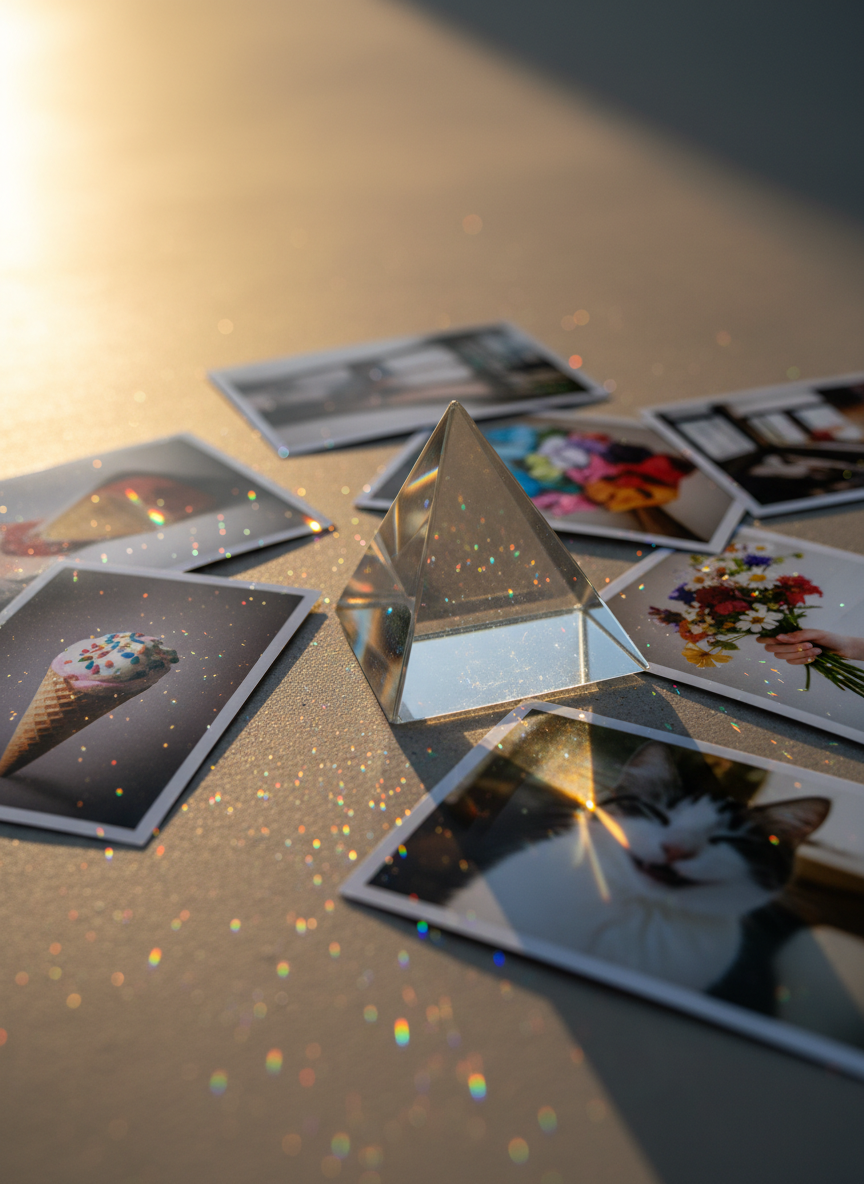 An elegant glass prism rests on a smooth concrete surface, surrounded by a loose scatter of glossy 10x15 prints showing candid, joyful still lifes and graphic shadow patterns. A beam of direct golden hour sunlight enters from the top left, passing through the prism and exploding into tiny rainbow fragments across the photographs. The lighting creates dramatic, playful contrasts between bright highlights and deep, soft-edged shadows. Shot from a low, close-up perspective with a very shallow depth of field, only the prism edge and nearest print corner are razor sharp, while the rest dissolves into colorful blur. The mood is curious, experimental, and fun, showcasing the magic of light itself in a clean, contemporary photographic realism style.