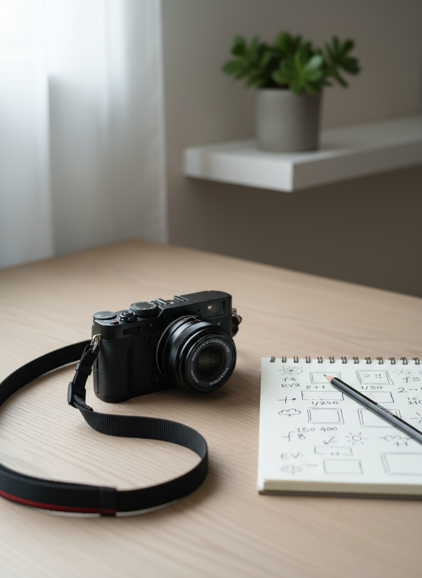 A sleek black mirrorless camera with a compact prime lens rests casually on a pale oak table, its fabric strap forming an organic curve that leads the eye into the frame. Next to it, an open notebook with doodled frames and scribbled exposure settings suggests a playful approach to learning photography. Soft overcast daylight filters through an unseen window, creating even, flattering illumination with subtle reflections along the camera’s edges. In the blurred background, a minimal shelf with a single potted plant adds a touch of green. Shot from a slightly elevated angle using the rule of thirds, the composition feels airy, modern, and inviting, with a photographic realism style that celebrates experimentation.