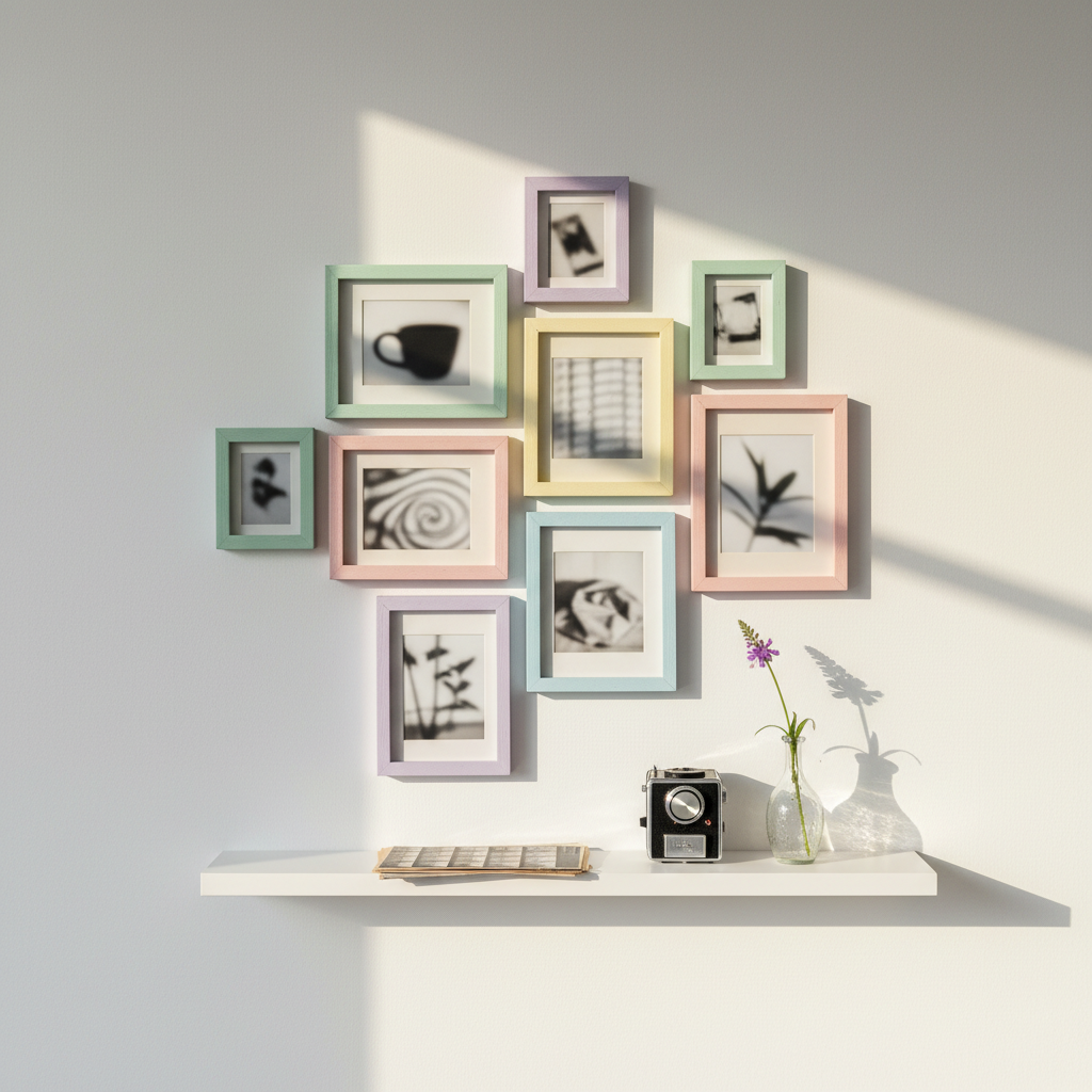 A cluster of mismatched photo frames in different sizes and playful pastel colors hangs on a crisp white wall, each containing a spontaneous photograph of everyday objects and abstract shadows, all intentionally out of focus. Below, a narrow floating shelf holds a small stack of contact sheets, a light meter, and a tiny glass vase with a single wildflower. Morning sunlight enters from the right, casting whimsical, overlapping frame-shaped shadows across the wall and shelf. Captured with a wide-angle lens at eye level, the scene has balanced negative space and a gentle, joyful atmosphere. The photographic realism style emphasizes textures in the paper, wood, and glass while keeping the overall look fresh, modern, and lightly quirky.