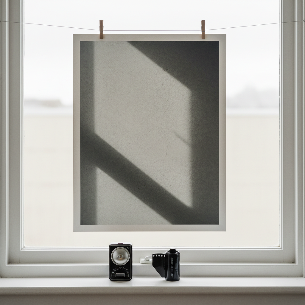 A simple white windowsill serves as a gallery rail for a single oversized, unframed fine art print clipped with two tiny wooden clips to a thin metal wire. The print shows an abstract play of light and shadow on a wall, slightly curled at the edges. On the sill, a small analog light meter and a roll of black-and-white film lie casually, their textures richly detailed. Soft, diffused morning light from an overcast sky wraps everything in gentle brightness, leaving only the faintest shadows. Captured straight-on with a normal lens and generous negative space, the composition feels minimal yet warm. The atmosphere is calm, contemplative, and subtly playful, emphasizing the beauty of simple photographic observations.
